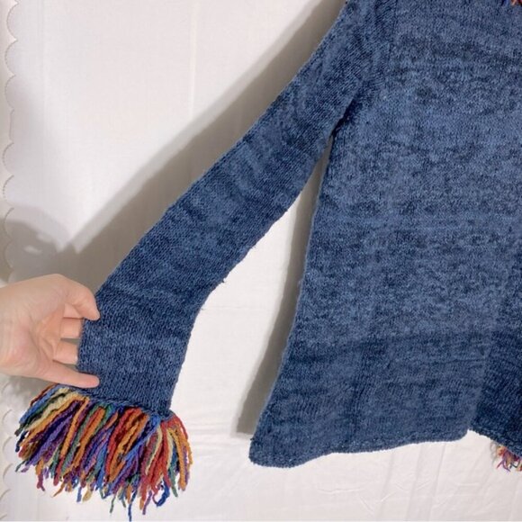 Vintage World Folk Art Imports Blue Wool Knit Sweater With Rainbow Fringe Trim M - Picture 9 of 15